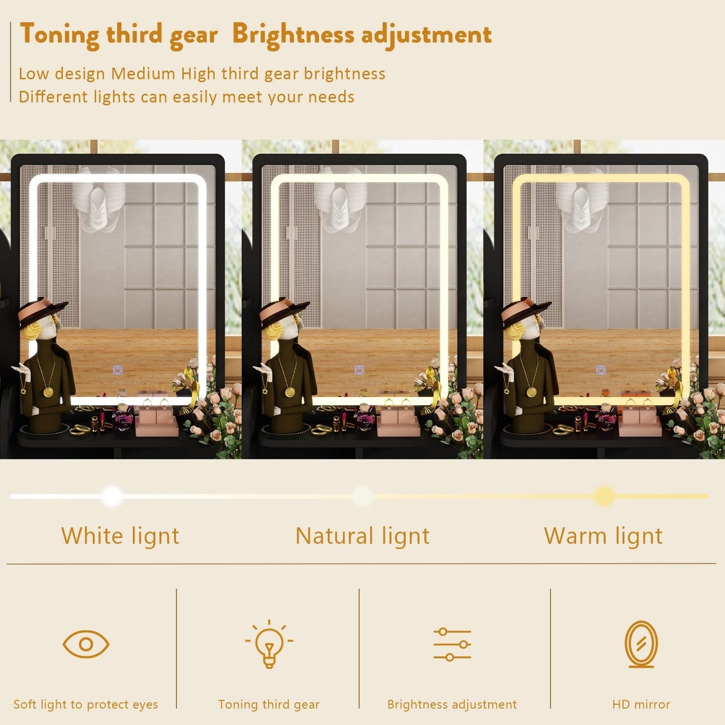 Tavolo da trucco con luce LED, specchio e sgabello