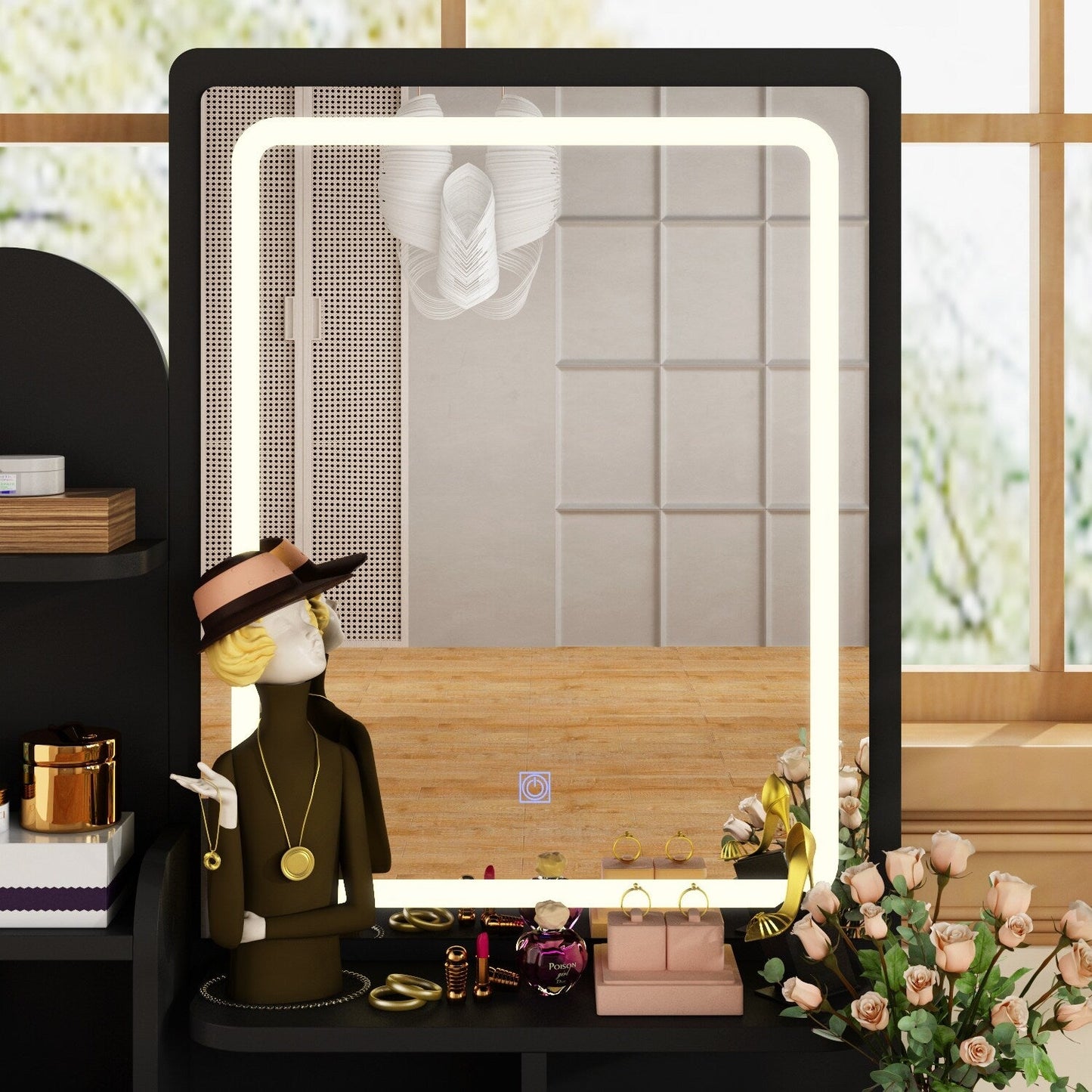 Tavolo da trucco con luce LED, specchio e sgabello