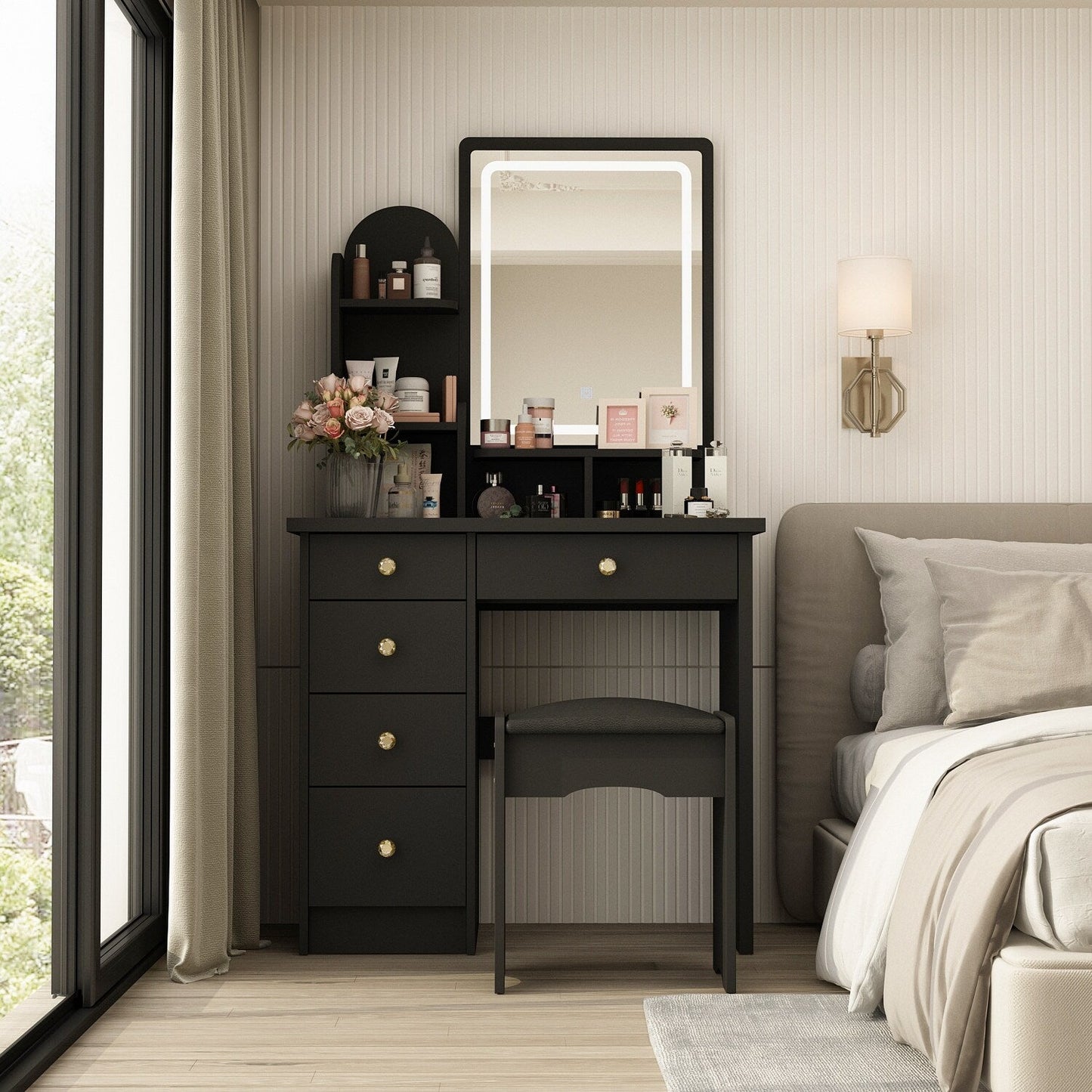 Tavolo da trucco con luce LED, specchio e sgabello