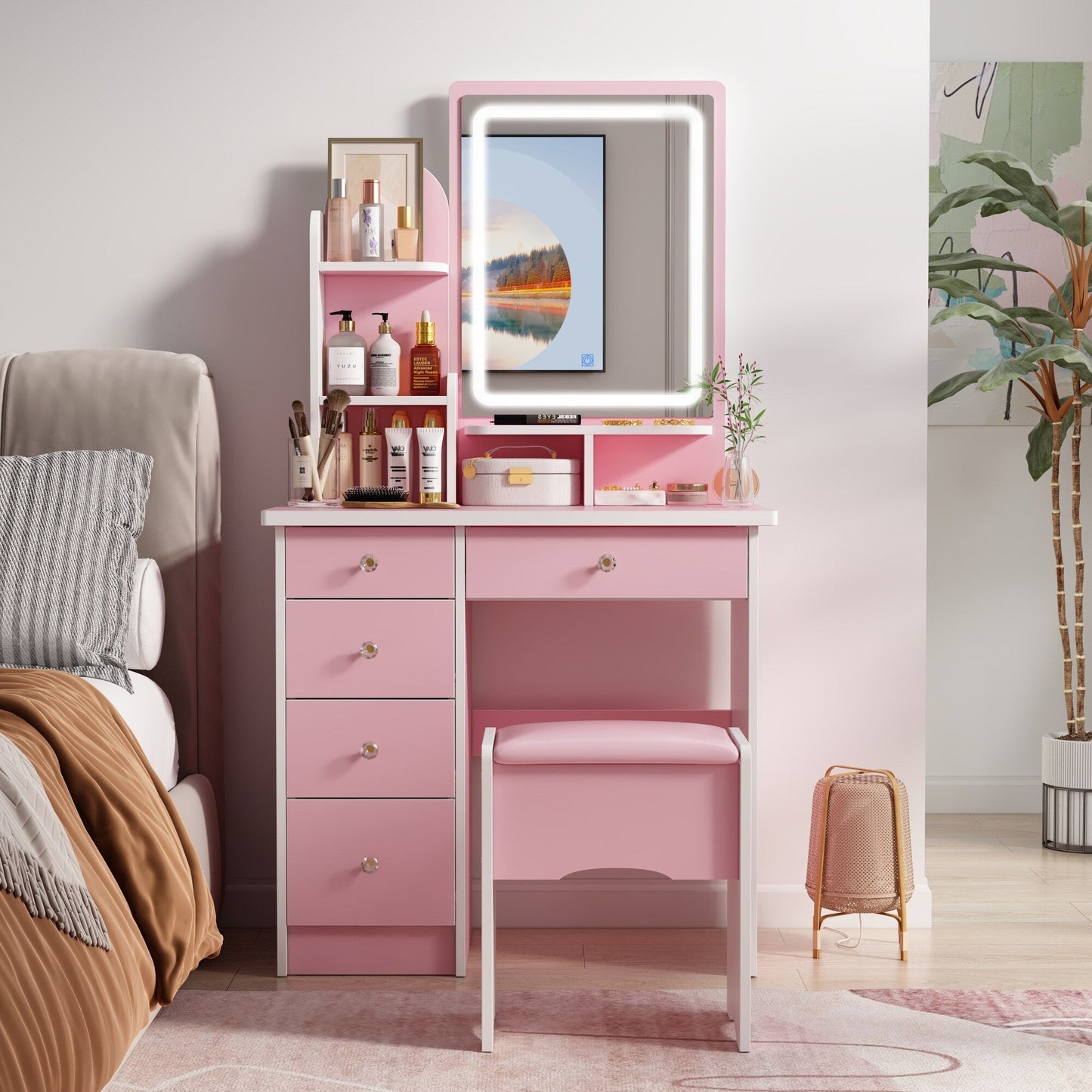 Tavolo da trucco con luce LED, specchio e sgabello