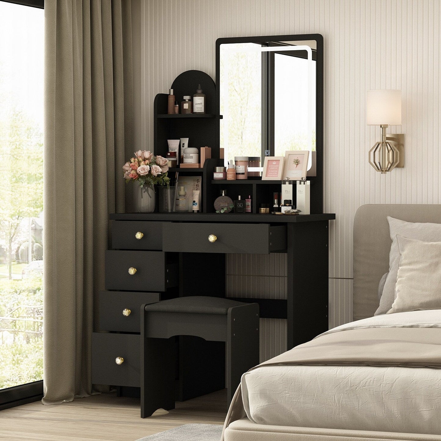 Tavolo da trucco con luce LED, specchio e sgabello