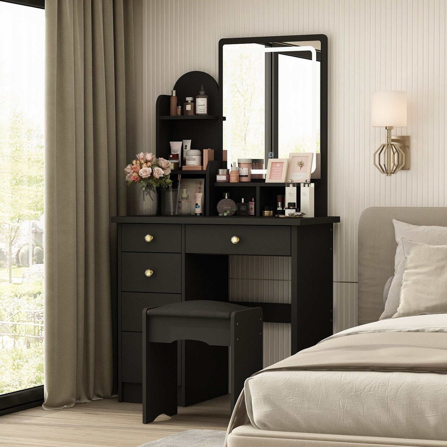 Tavolo da trucco con luce LED, specchio e sgabello