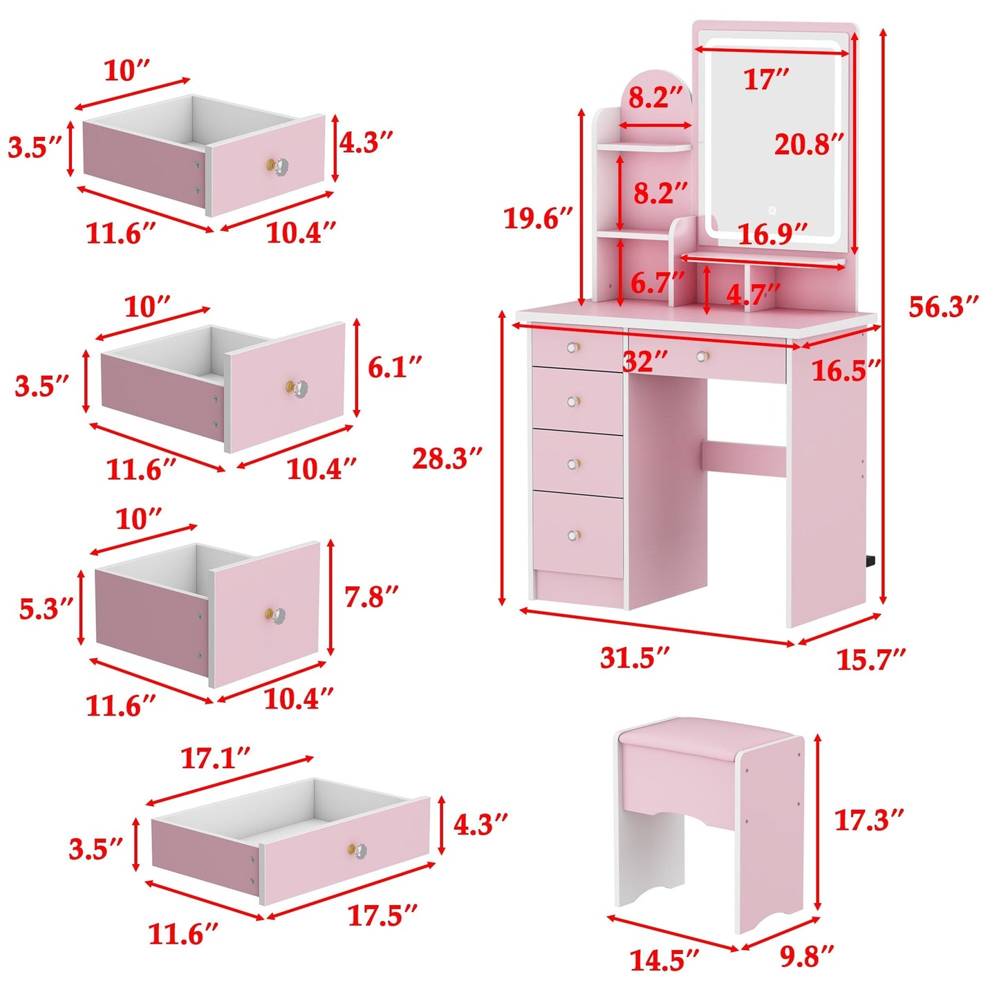 Tavolo da trucco con luce LED, specchio e sgabello