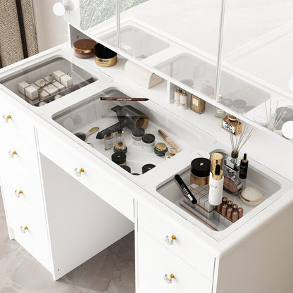 Mobiletto per il trucco con specchio a tre ante, illuminazione certificata, cassettiera con ripiano in vetro