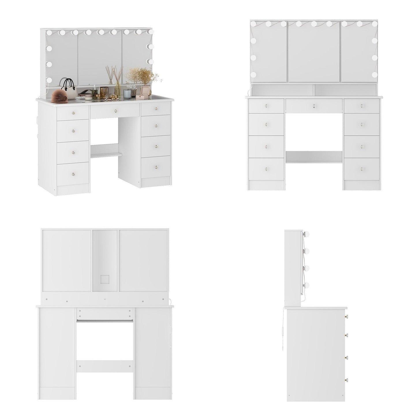 Mobiletto per il trucco con specchio a tre ante, illuminazione certificata, cassettiera con ripiano in vetro