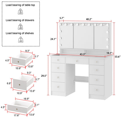Mobiletto per il trucco con specchio a tre ante, illuminazione certificata, cassettiera con ripiano in vetro