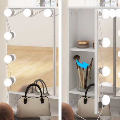 Mobiletto per il trucco con specchio a tre ante, illuminazione certificata, cassettiera con ripiano in vetro