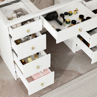 Mobiletto per il trucco con specchio a tre ante, illuminazione certificata, cassettiera con ripiano in vetro