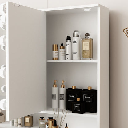 Mobiletto per il trucco con specchio a tre ante, illuminazione certificata, cassettiera con ripiano in vetro