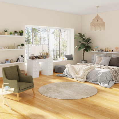 Mobiletto per il trucco con specchio a tre ante, illuminazione certificata, cassettiera con ripiano in vetro