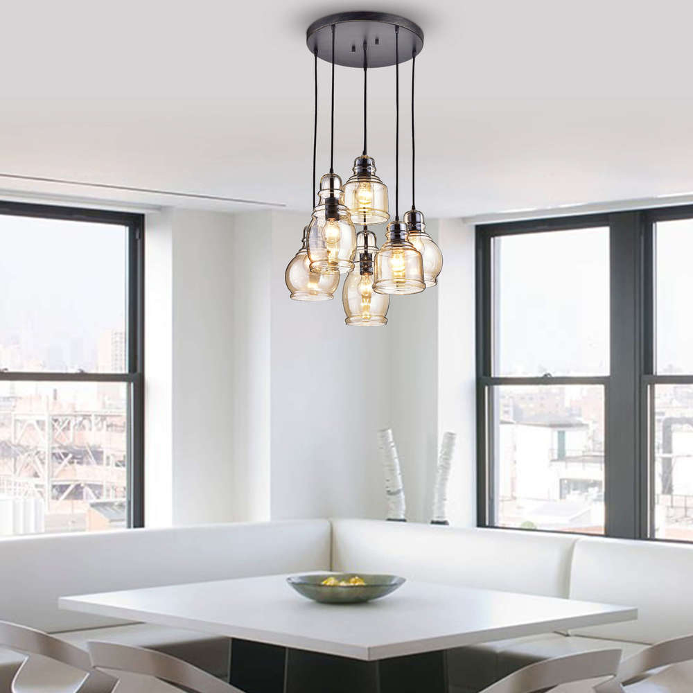 Lampadario a sospensione Mariana Cognac Glass Antique Black and Round Base a 6 luci