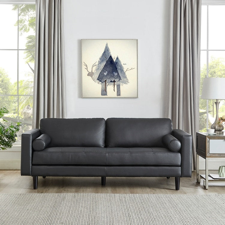 Divano moderno in vera pelle con gambe in legno e cuscino di supporto aggiuntivo