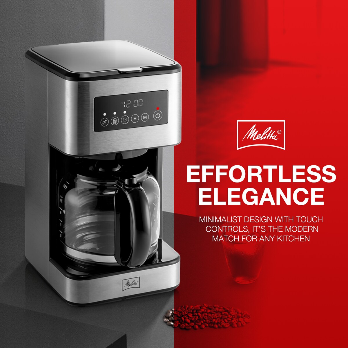 Melitta Aroma Tocco Plus Macchina per caffè americano caldo e freddo da 12 tazze con caraffa in vetro e display touch control