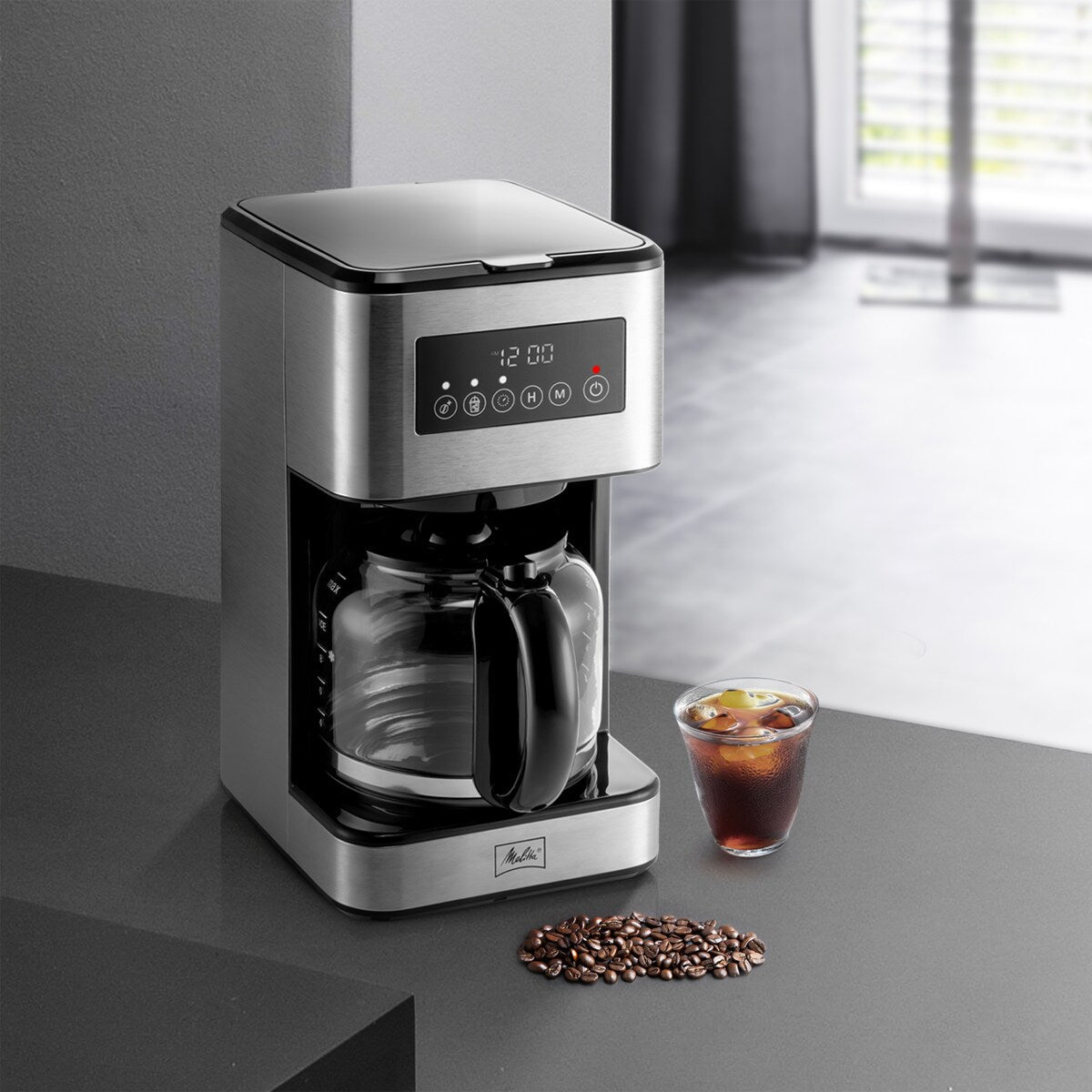 Melitta Aroma Tocco Plus Macchina per caffè americano caldo e freddo da 12 tazze con caraffa in vetro e display touch control