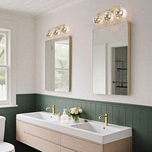 Lampada da parete a 3 luci per bagno in stile moderno di metà secolo, color oro glamour, con vetro al mercurio - 21 L x 7 P x 8 A