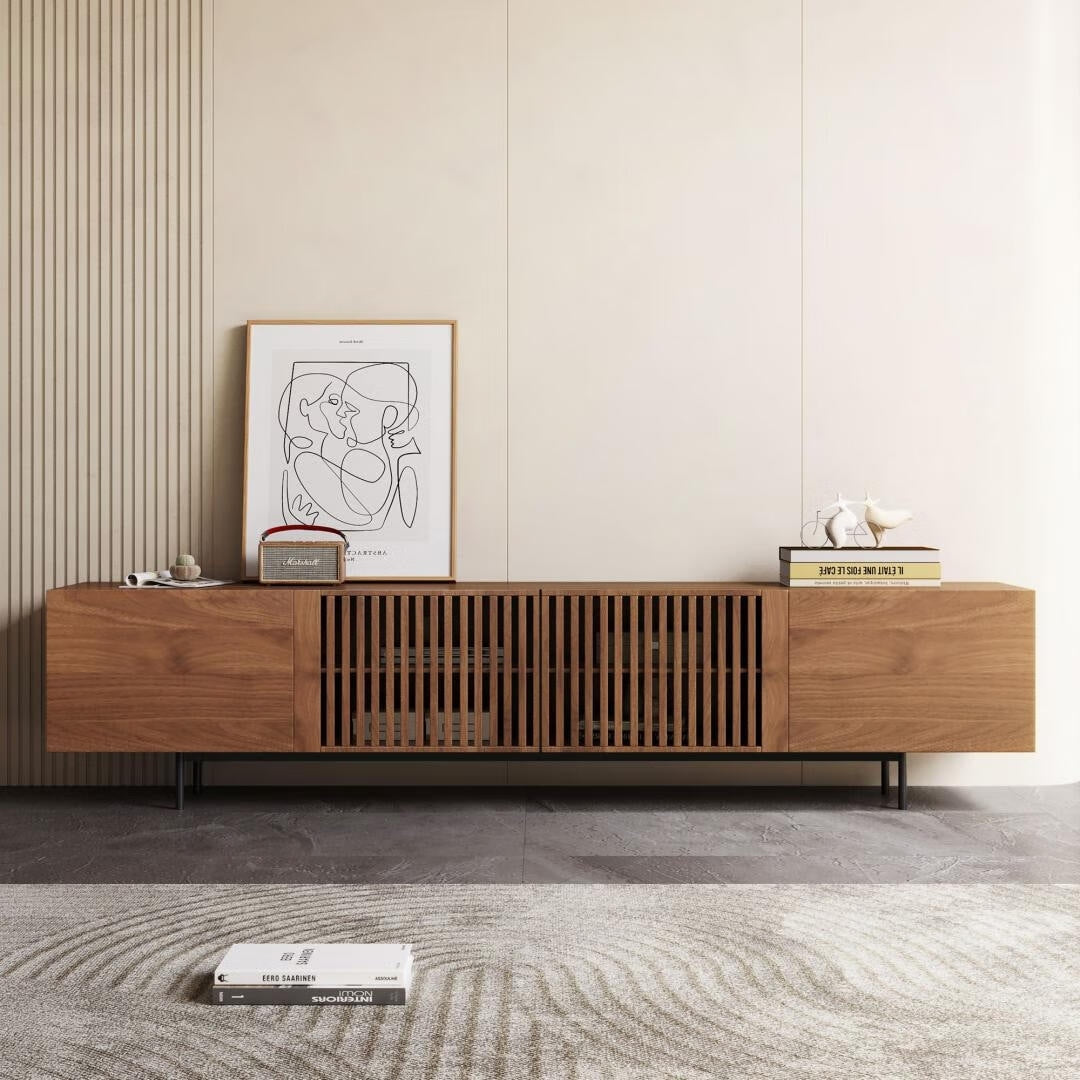 Mobile porta TV moderno di metà secolo con 4 ante, adatto a TV fino a 100 pollici, centro di intrattenimento per soggiorno