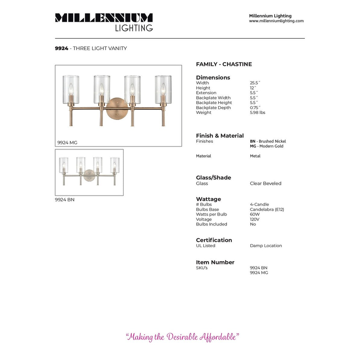 Lampada da tavolo per bagno Chastine di Millennium Lighting con paralumi in vetro trasparente bisellato