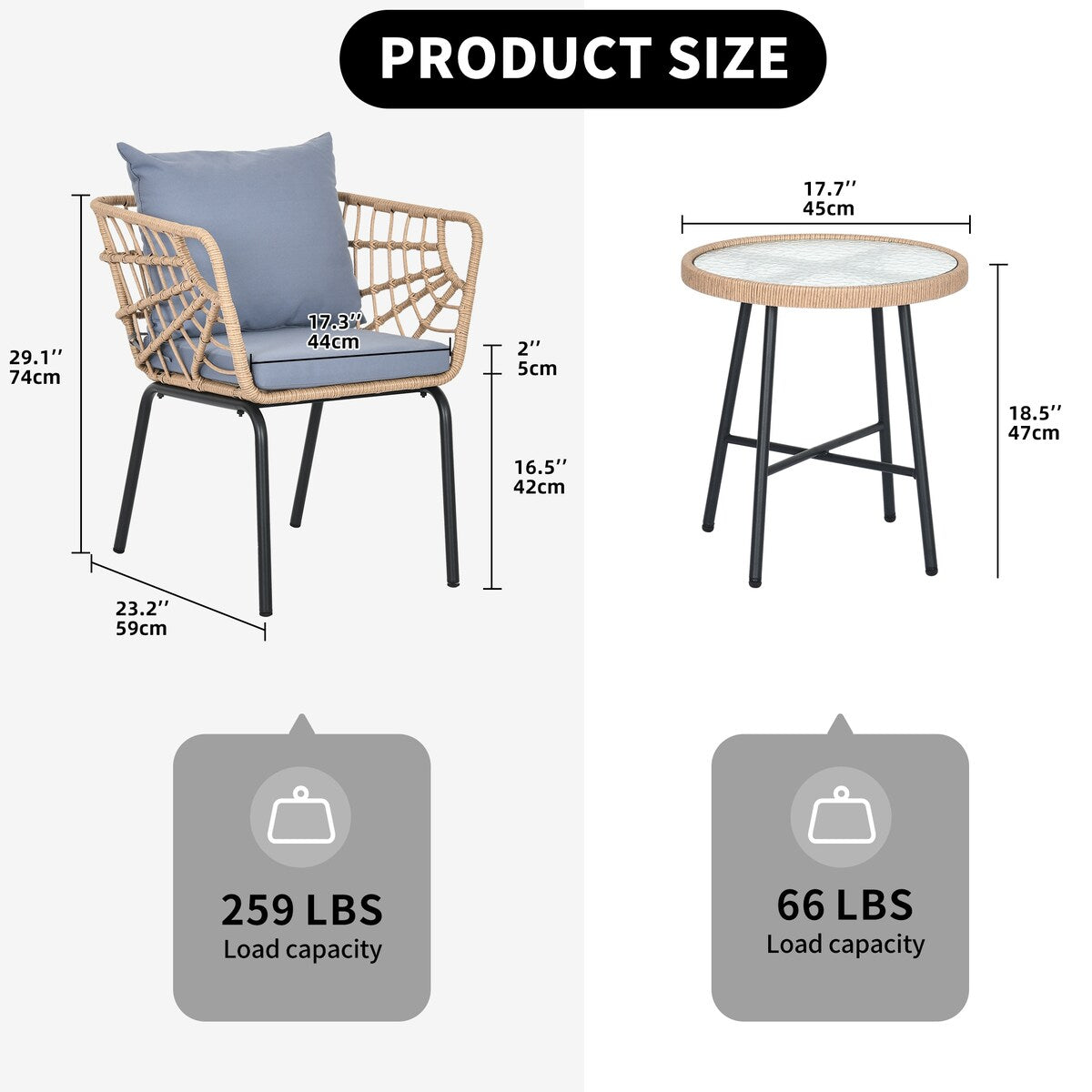 Moasis Set da bistrot per patio con mobili da esterno in vimini, 3 pezzi, 2 sedie e tavolino