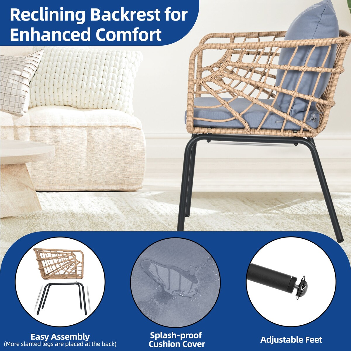 Moasis Set da bistrot per patio con mobili da esterno in vimini, 3 pezzi, 2 sedie e tavolino