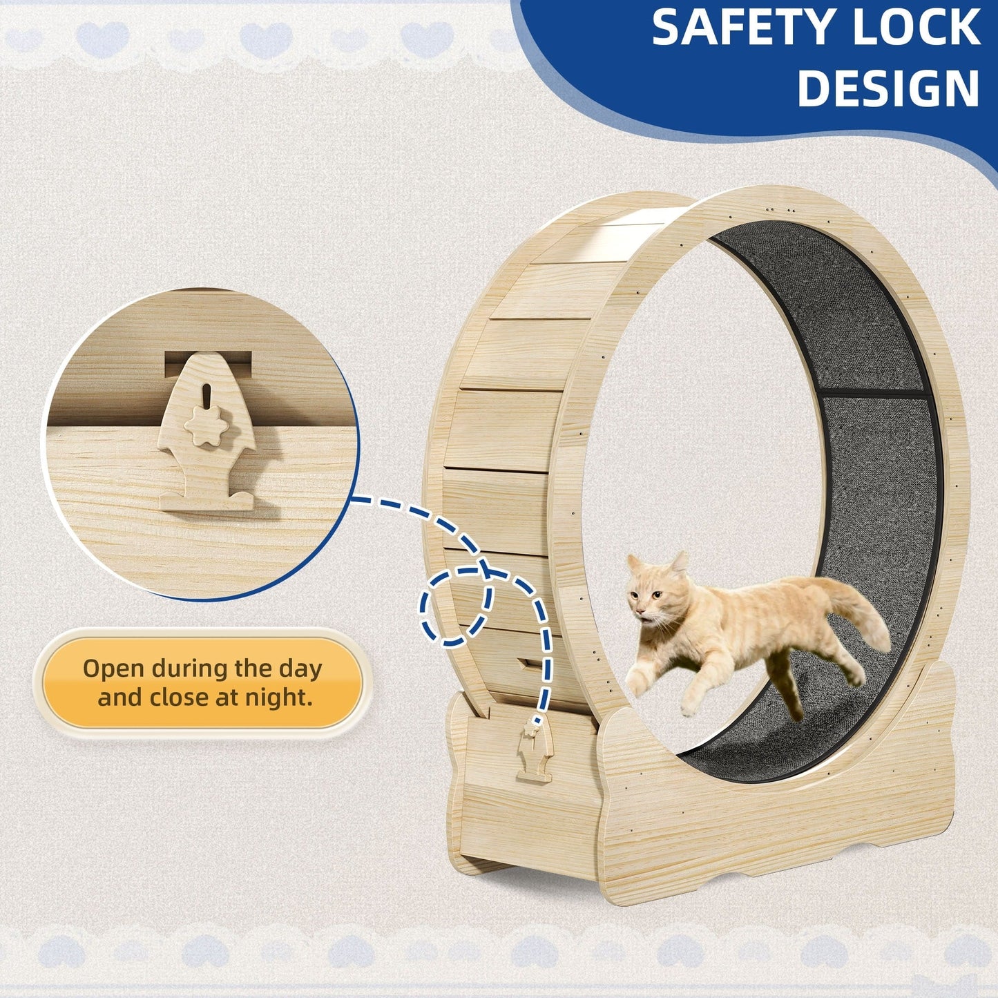 Moasis 43,3 pollici grande tapis roulant per gatti in legno con ruota da corsa e pista in moquette