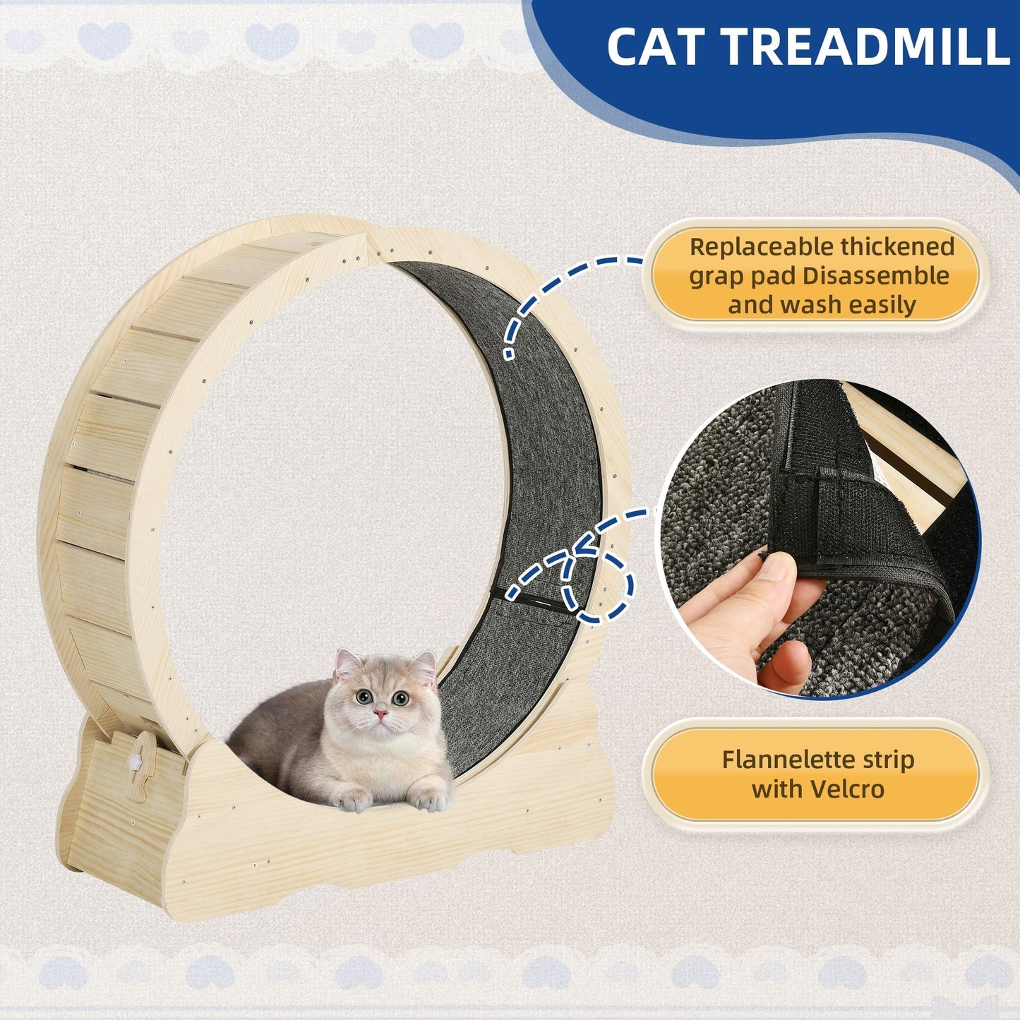 Moasis 43,3 pollici grande tapis roulant per gatti in legno con ruota da corsa e pista in moquette