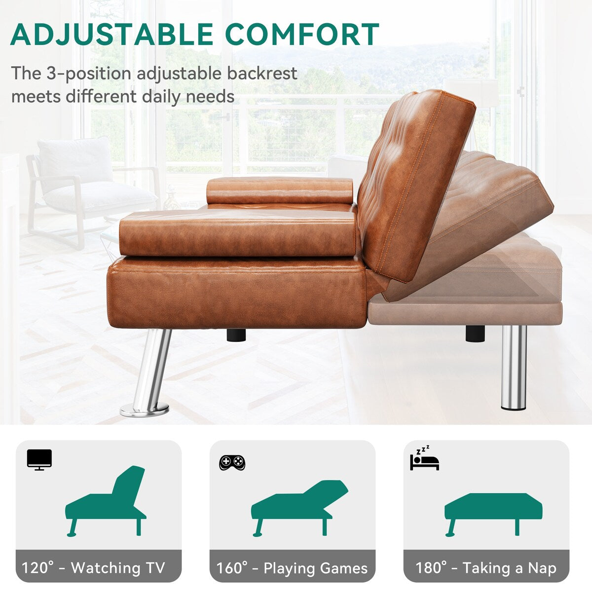 Divano letto futon moderno pieghevole in similpelle Moasis - 64 L x 30 P x 26 A