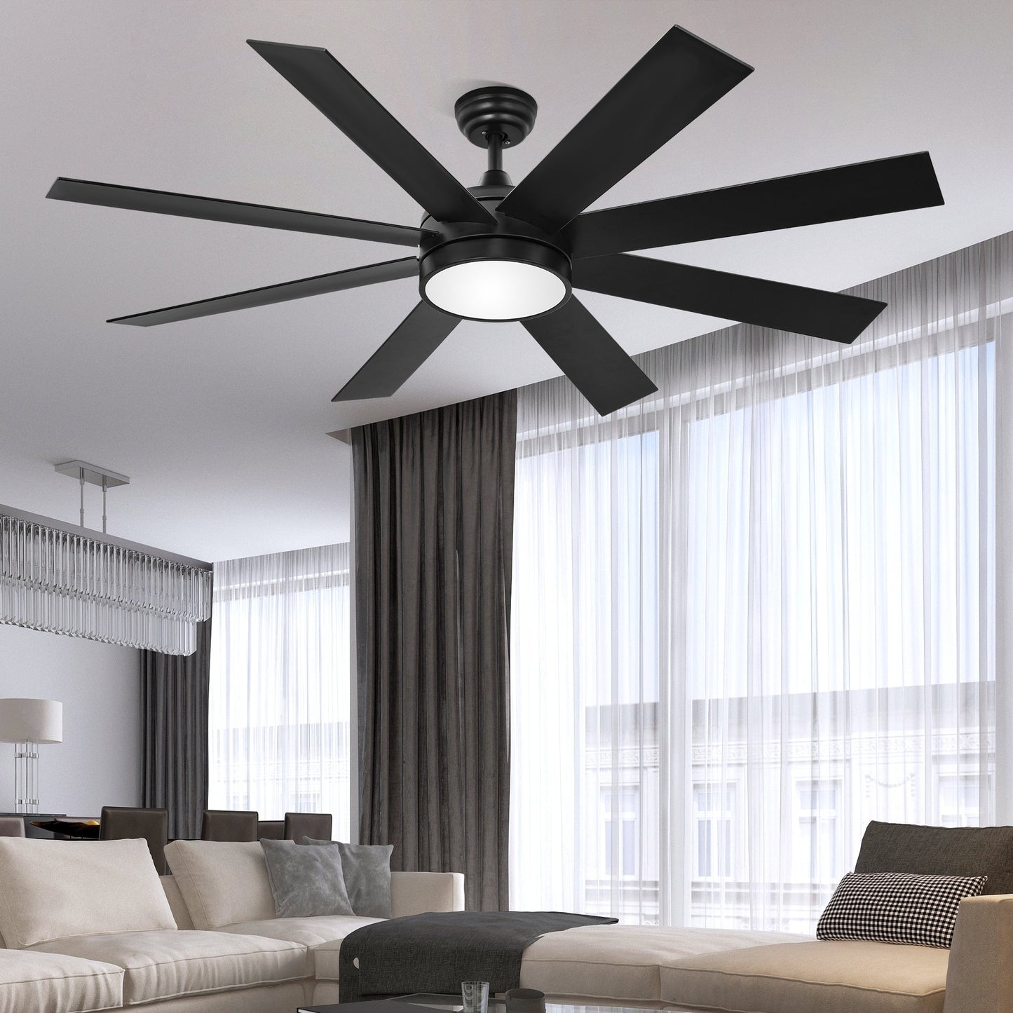 Ventilatore da soffitto Moasis nero opaco da 60 pollici a 8 pale con luce LED e telecomando - 60