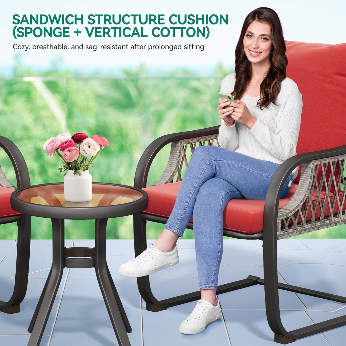 Set da bistrot da giardino Moasis Red da 3 pezzi, mobili da esterno con sedute imbottite - 3 pezzi