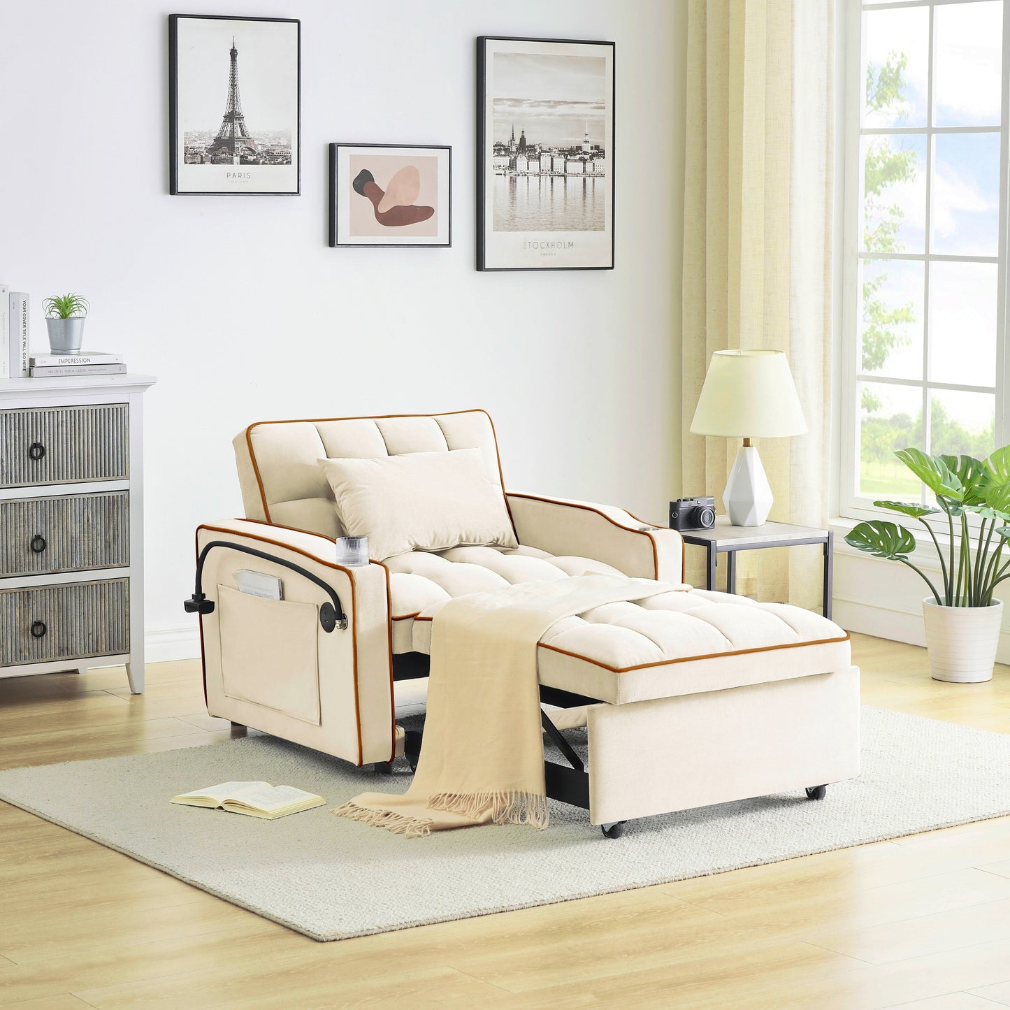 Divano letto singolo convertibile moderno 70.86 3 in 1 con schienale regolabile e porta di ricarica USB per soggiorno