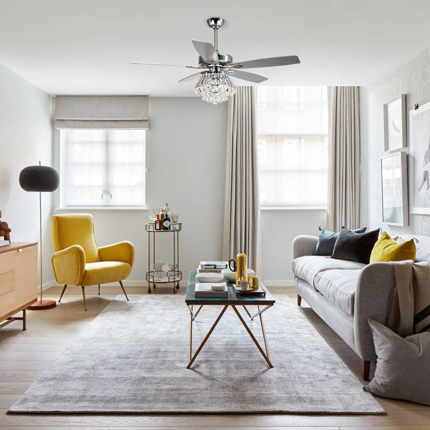 Ventilatore da soffitto moderno in cristallo cromato da 52 pollici con telecomando