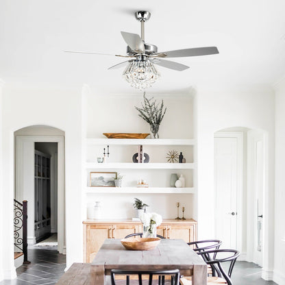 Ventilatore da soffitto moderno in cristallo cromato da 52 pollici con telecomando