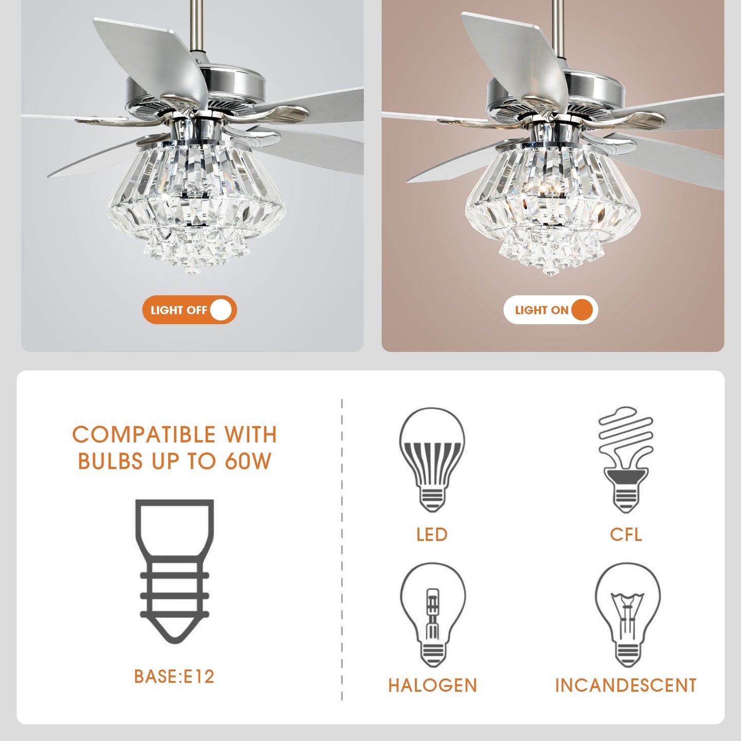 Ventilatore da soffitto moderno in cristallo cromato da 52 pollici con telecomando