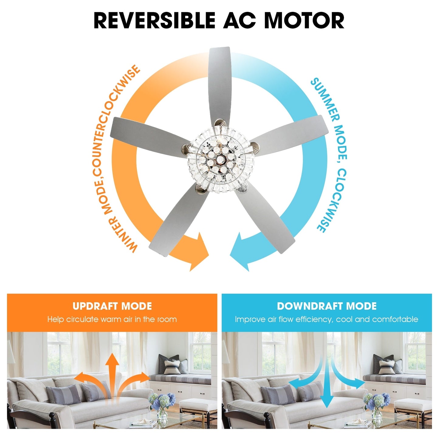 Ventilatore da soffitto moderno in cristallo cromato da 52 pollici con telecomando