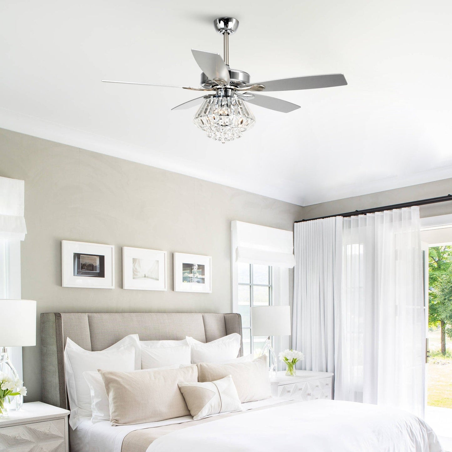 Ventilatore da soffitto moderno in cristallo cromato da 52 pollici con telecomando