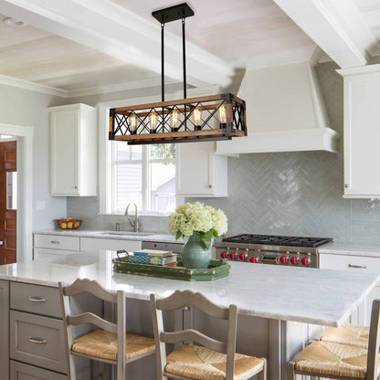 Lampadario moderno in legno rettangolare a 5 luci, stile fattoria, con gabbia per isola, per sala da pranzo - 31,6 L x 10 W x 7,8 H