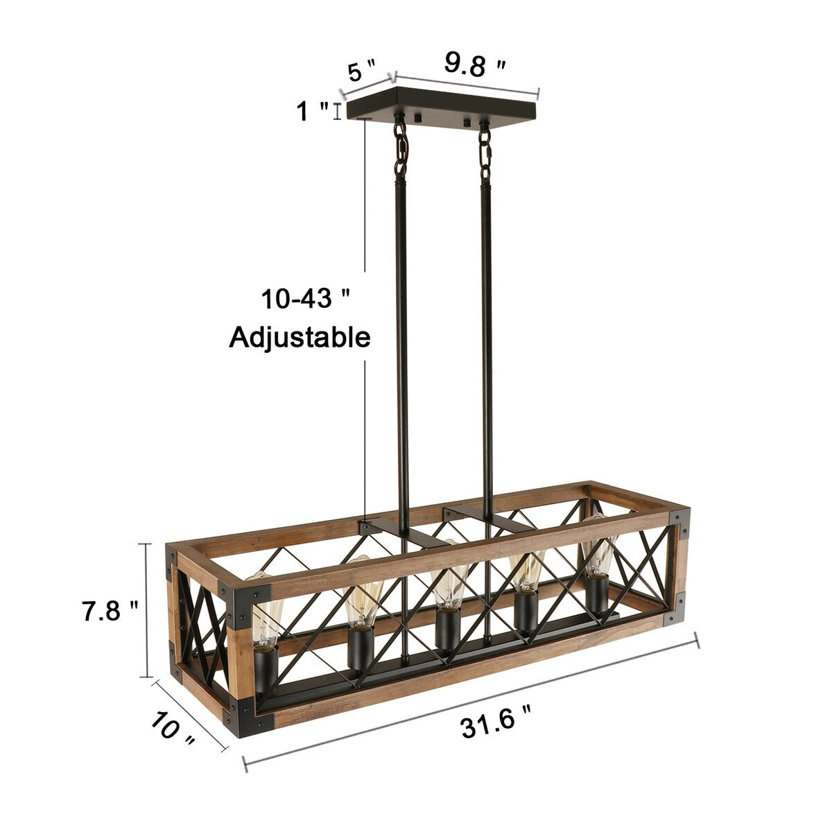 Lampadario moderno in legno rettangolare a 5 luci, stile fattoria, con gabbia per isola, per sala da pranzo - 31,6 L x 10 W x 7,8 H