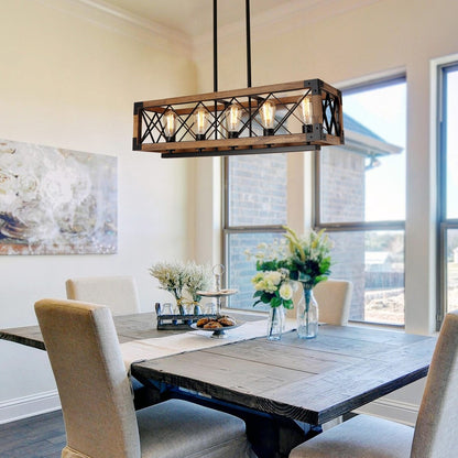 Lampadario moderno in legno rettangolare a 5 luci, stile fattoria, con gabbia per isola, per sala da pranzo - 31,6 L x 10 W x 7,8 H