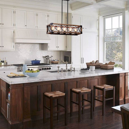 Lampadario moderno in stile rustico a 5 luci in legno rettangolare con semi in vetro per isola cucina, sala da pranzo - 31,5 L x 8,75 P x 8 A