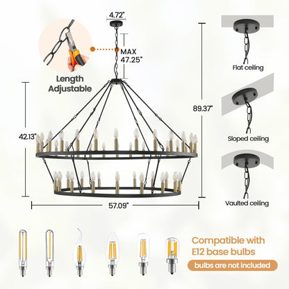 Lampadario moderno in stile fattoria, lampadario a ruota di carro rotondo a 2 livelli, grande lampadario alto da soffitto.