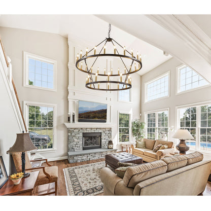 Lampadario moderno in stile fattoria, lampadario a ruota di carro rotondo a 2 livelli, grande lampadario alto da soffitto.