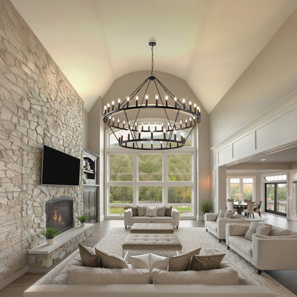 Lampadario moderno in stile fattoria, lampadario a ruota di carro rotondo a 2 livelli, grande lampadario alto da soffitto.