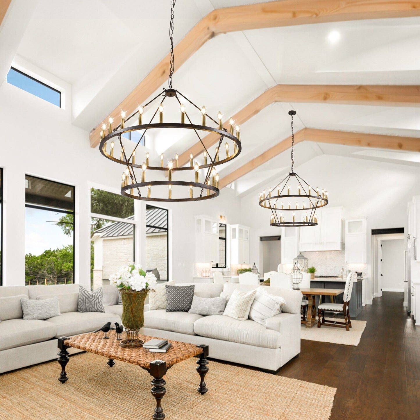 Lampadario moderno in stile fattoria, lampadario a ruota di carro rotondo a 2 livelli, grande lampadario alto da soffitto.