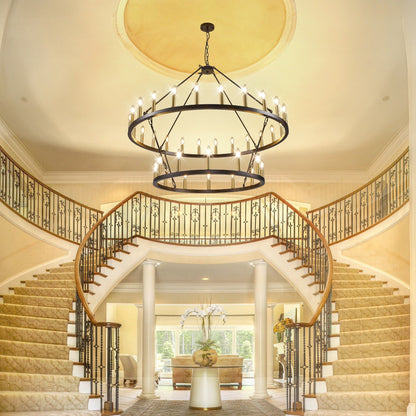 Lampadario moderno in stile fattoria, lampadario a ruota di carro rotondo a 2 livelli, grande lampadario alto da soffitto.