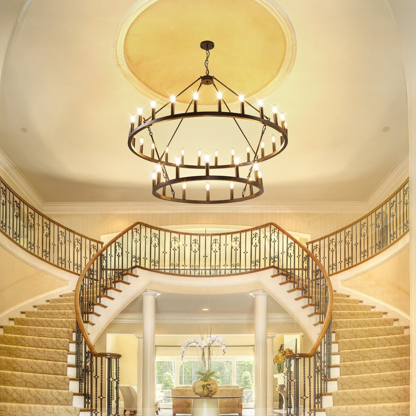 Lampadario moderno in stile fattoria, lampadario a ruota di carro rotondo a 2 livelli, grande lampadario alto da soffitto.