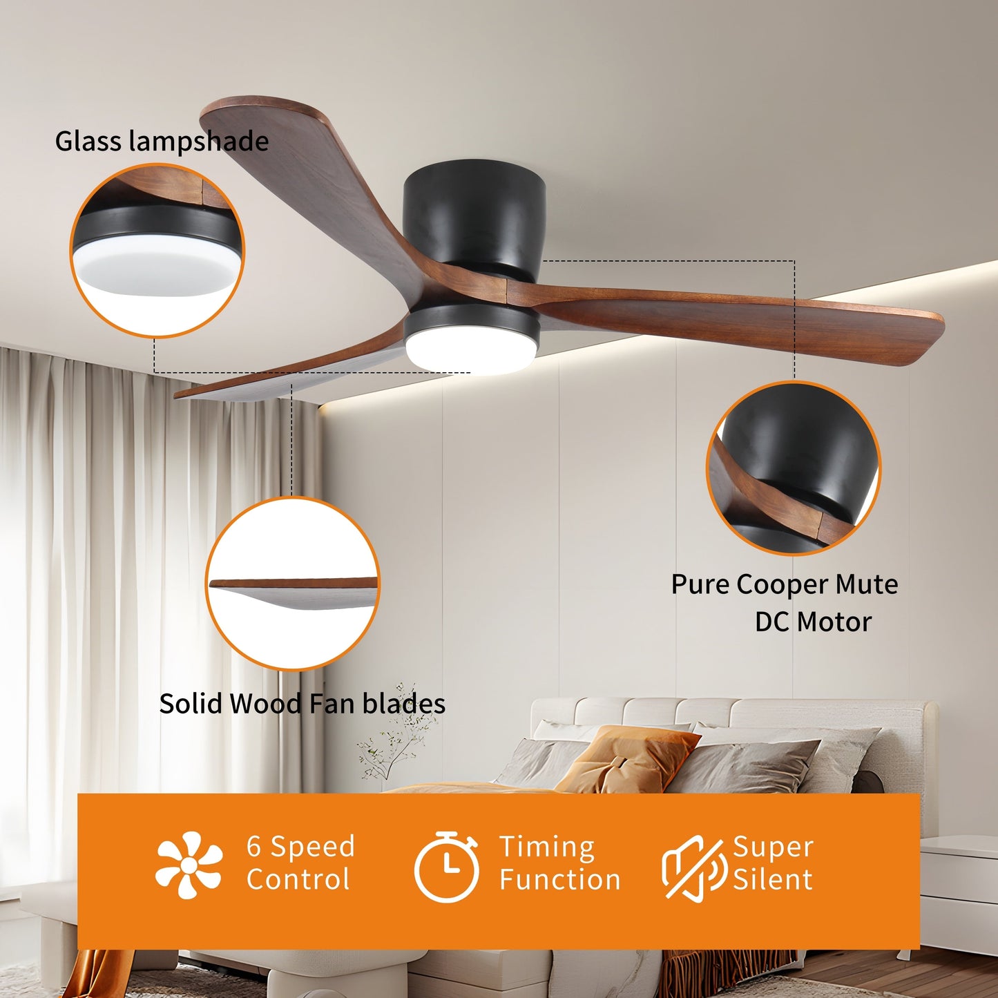 Ventilatori da soffitto moderni a filo con luce LED dimmerabile e telecomando, ventilatori da soffitto con motore reversibile da 42 W, neri
