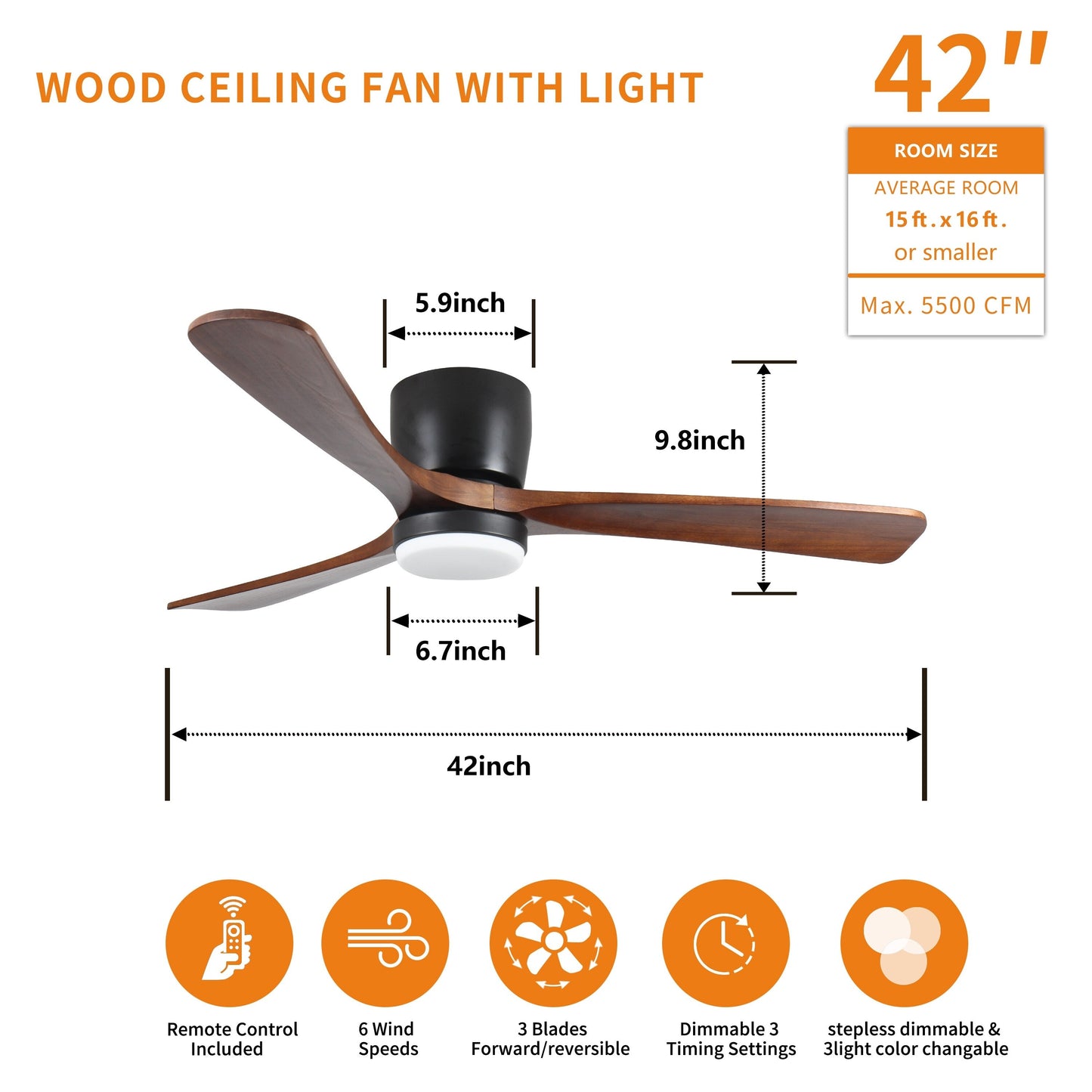 Ventilatori da soffitto moderni a filo con luce LED dimmerabile e telecomando, ventilatori da soffitto con motore reversibile da 42 W, neri