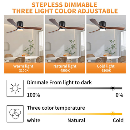 Ventilatori da soffitto moderni a filo con luce LED dimmerabile e telecomando, ventilatori da soffitto con motore reversibile da 42 W, neri