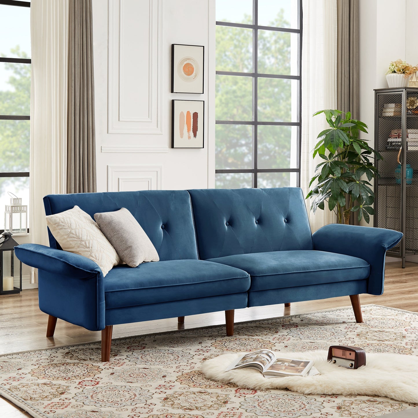 Divano letto futon moderno, divano letto trasformabile con gambe in legno affusolate, 78,35 L, piccolo divano con schienale diviso per soggiorno