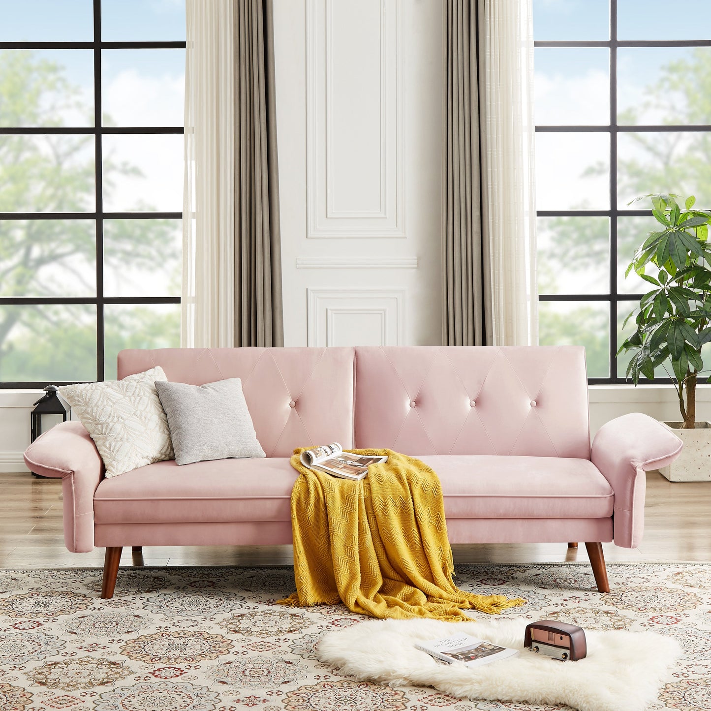 Divano letto futon moderno, divano letto trasformabile con gambe in legno affusolate, 78,35 L, piccolo divano con schienale diviso per soggiorno