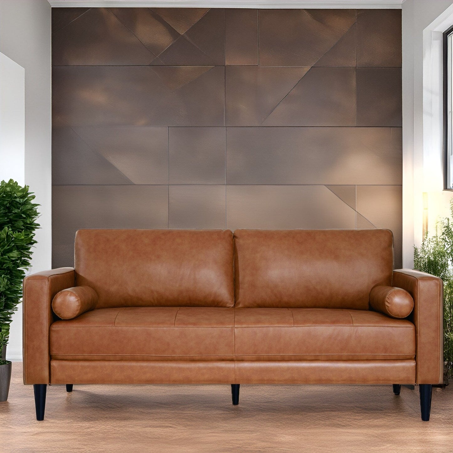 Divano moderno in vera pelle con gambe in legno e cuscino di supporto aggiuntivo